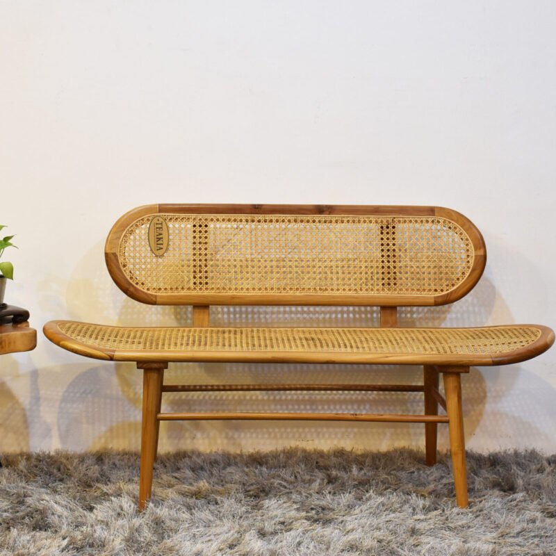 Teak and Rattan Wooden Bench