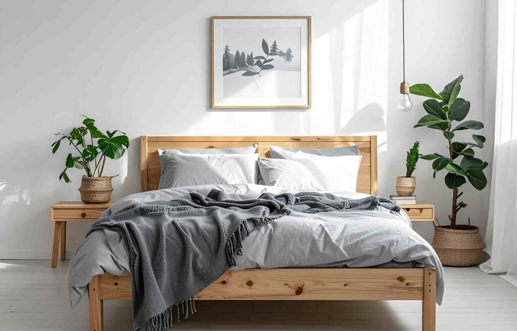 Minimalist bedroom with teak bed, grey bedding, bedside tables and indoor plants in natural light.