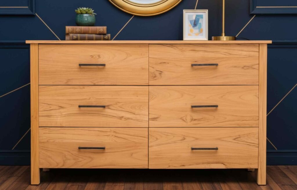 Natural wood chest of drawers malaysia with sleek black handles placed against a navy blue wall, styled with books, a lamp, and decor in a modern Malaysian interior.