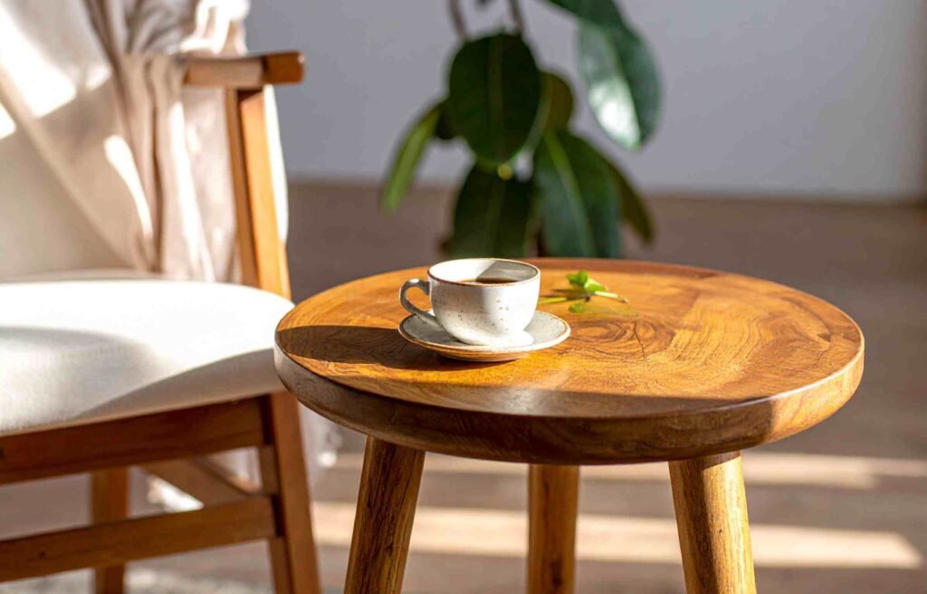 Wooden coffee table with a cup of coffee placed beside a teak chair, showcasing living room furniture malaysia crafted for comfort and natural warmth.