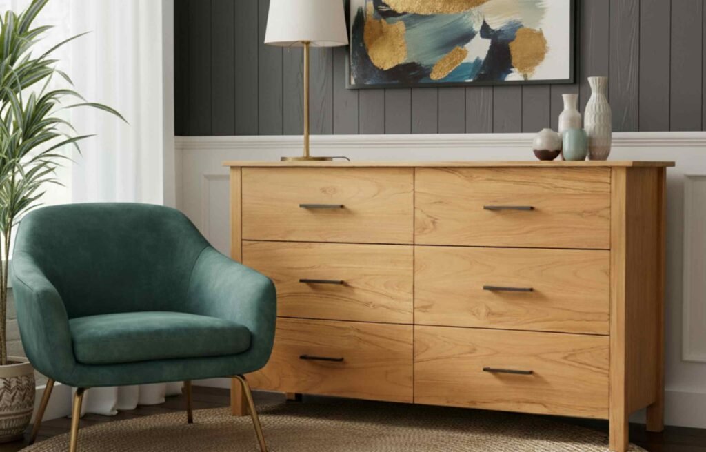 Natural teak chest of drawers beside a green velvet chair and decorative vases, styled in a modern Malaysian living room with warm textures and calm tones.