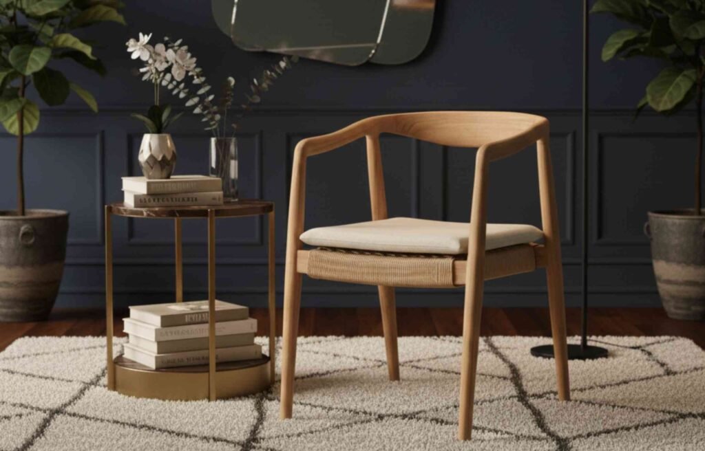 Wooden lounge chair Malaysia with a woven seat beside a round table in a navy living room.