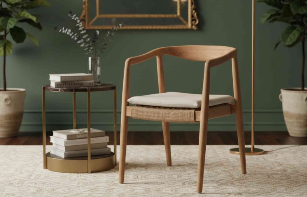 Wooden lounge chair with a woven seat in a green-toned living room with plants.