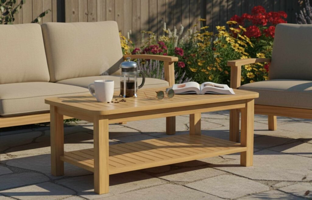 Modern teak outdoor coffee table placed between beige patio sofas, decorated with a coffee cup, French press, book, and sunglasses.