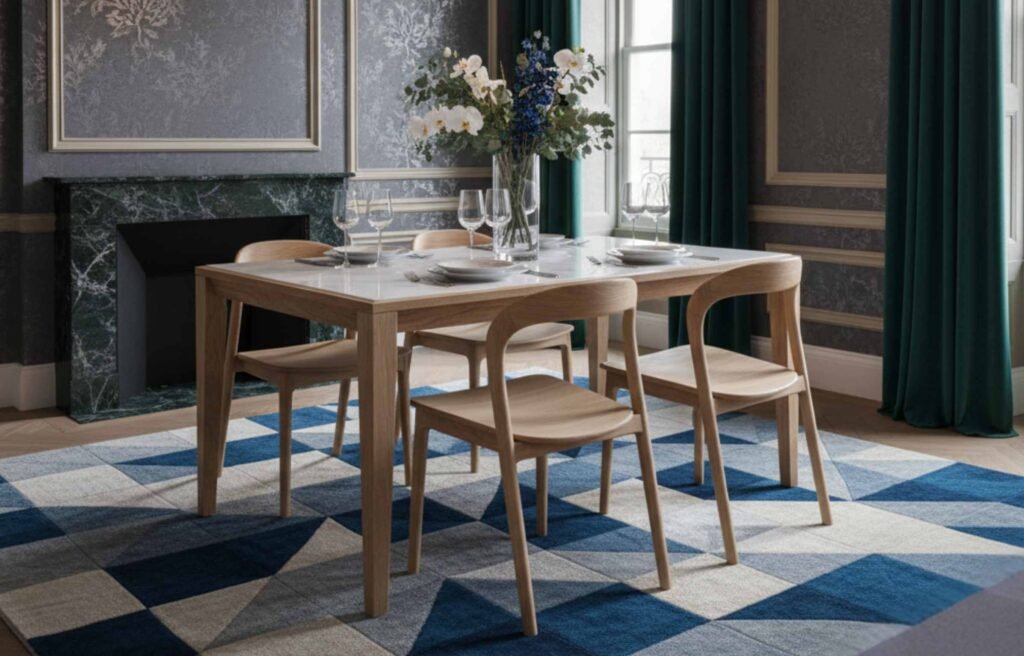 A sunlit dining room featuring a solid teak wood dining table with minimalist chairs and luxury décor.