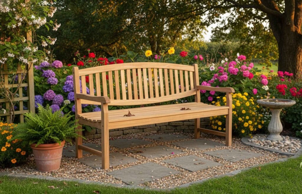 Solid wood garden bench placed in a colorful flower garden with evening sunlight and lush plants.