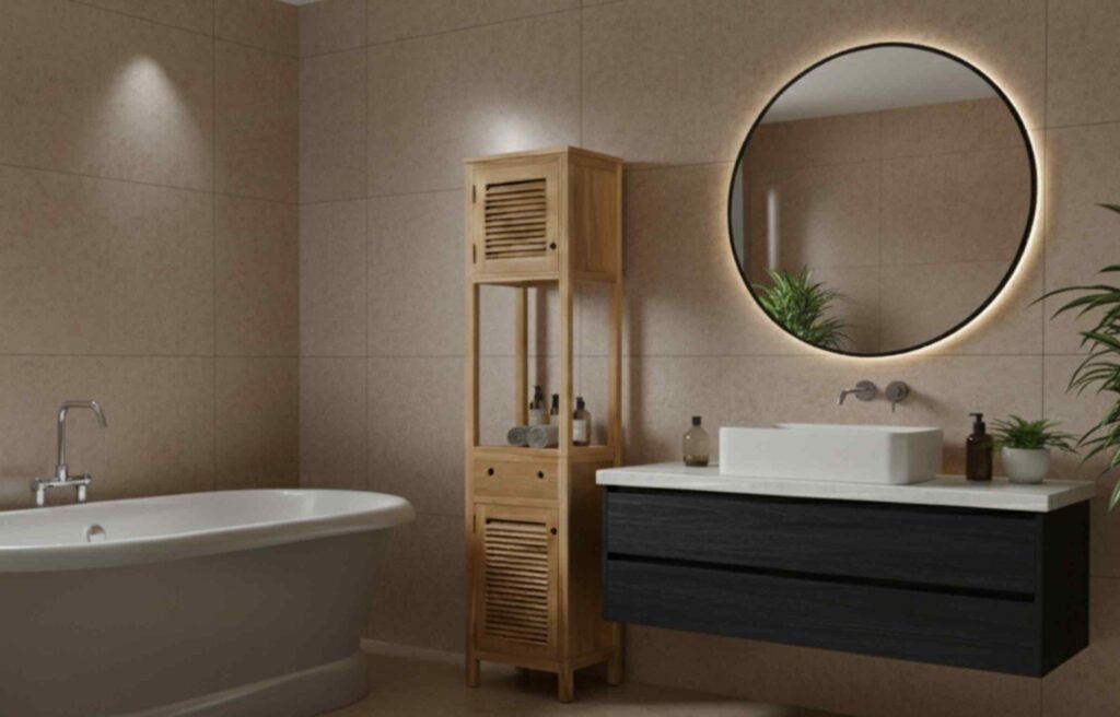 Modern bathroom featuring teak bathroom furniture with warm wood tones, soft lighting, and minimalist spa-inspired design.
