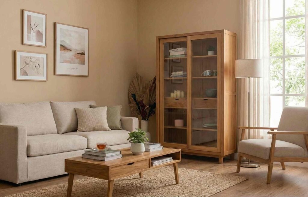 Teakia teak cupboard used as bookshelves for living room display in a bright minimalist interior with a white sofa.