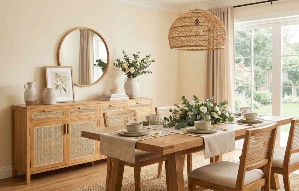 Sideboard cabinet for dining room placed beside wooden dining table with chairs, soft lighting, and natural decor.