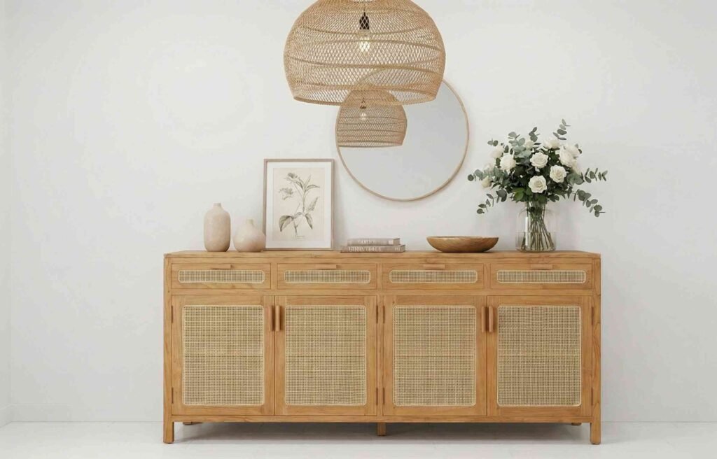 Wooden sideboard cabinet for dining room with woven panel doors, styled with vases, artwork, and pendant lighting.
