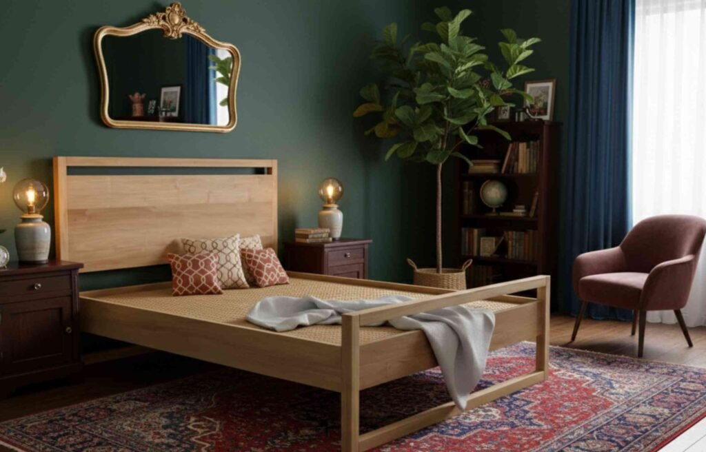teak bed frame malaysia featuring natural wood grain, sturdy design, and balanced bedroom styling