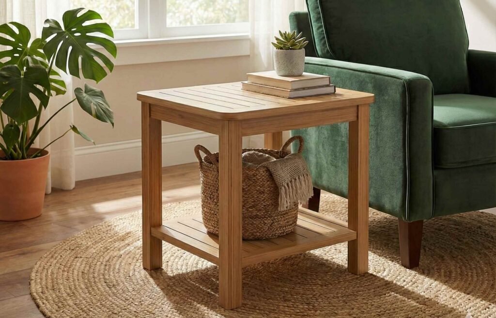 Teak side table in a living room beside a green armchair, styled with books, a plant and a woven basket on the lower shelf.