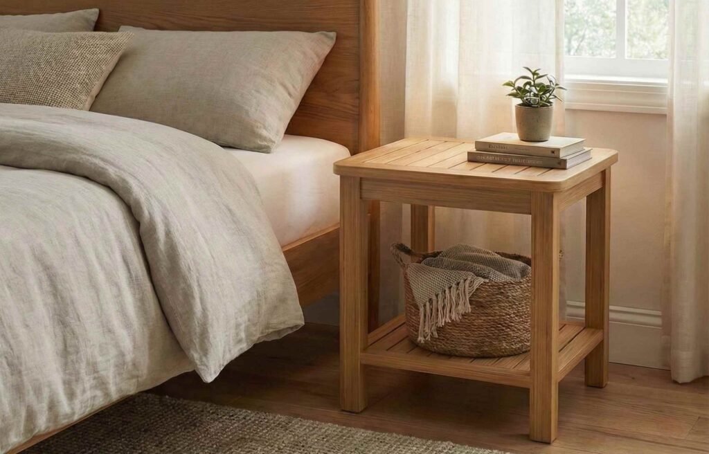 Teak side table styled as a bedside piece next to a wooden bed frame, showing how side tables for living room spaces can also serve as versatile storage with books, a plant and a woven basket.