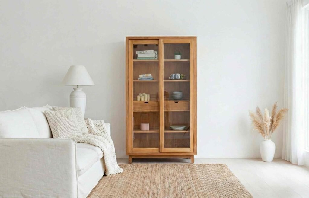 Teakia teak cupboard styled as bookshelves for living room storage beside a beige sofa in a warm, neutral living space.