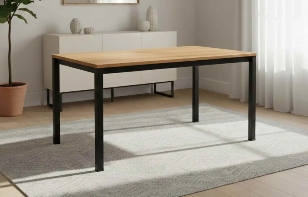 Minimalist 4 seater dining tables with wood top and black metal legs on neutral rug.