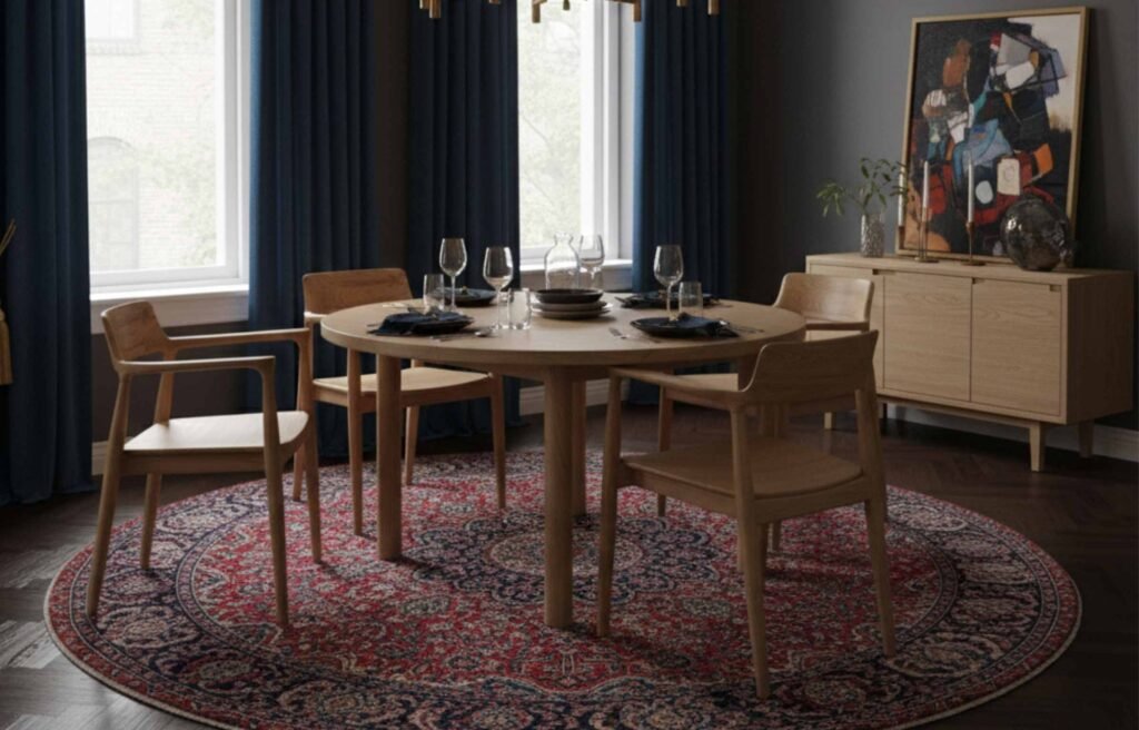 Light wood dining table paired with teak wood dining chairs in a bright modern dining space.
