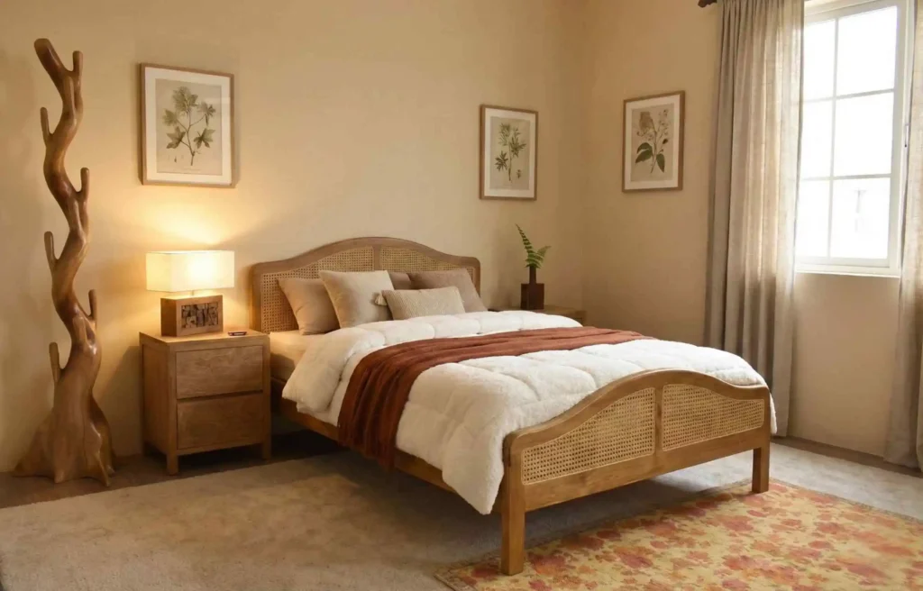 Warm-toned bedroom featuring teak single bed frame with cane panels and layered bedding.