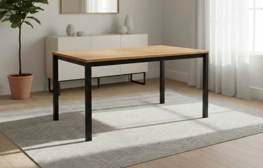 4 seater dining table with wooden top and black chairs placed on a patterned rug in a contemporary dining room.