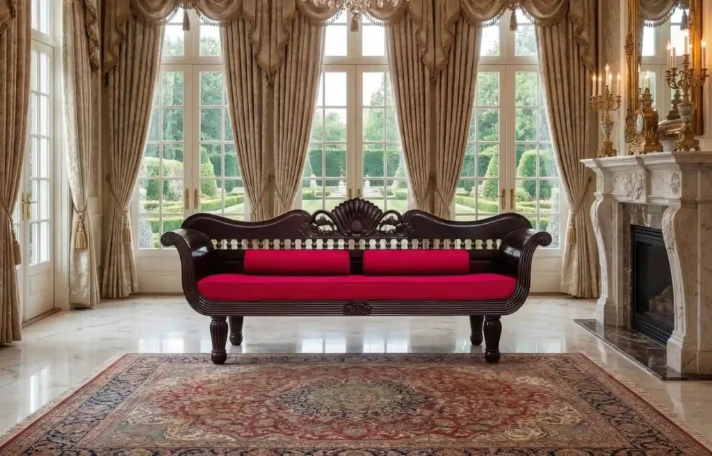 Carved teak sofa in luxury living room with tall windows and natural light, showcasing teak furniture malaysia craftsmanship.
