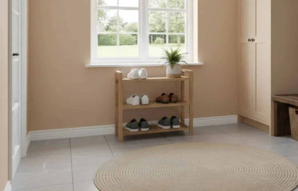 Compact teak shoe rack placed near window in hallway storing everyday shoes on sturdy slatted wooden shelves.