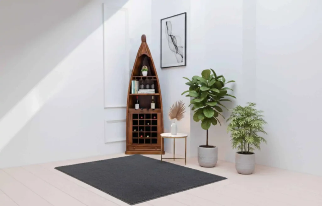 Corner wooden bar cabinets with wine racks and shelves styled with plants in a minimalist living room.