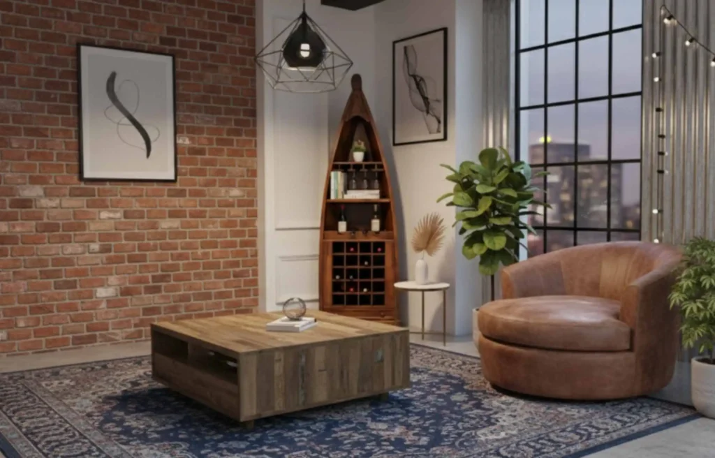 Modern living room with wooden bar cabinets, wine storage shelves, brick wall décor, and a leather lounge chair.