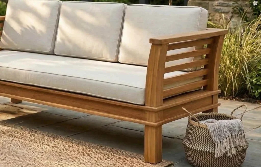 Teak outdoor furniture sofa with beige cushions on stone patio showing durable solid wood frame design.
