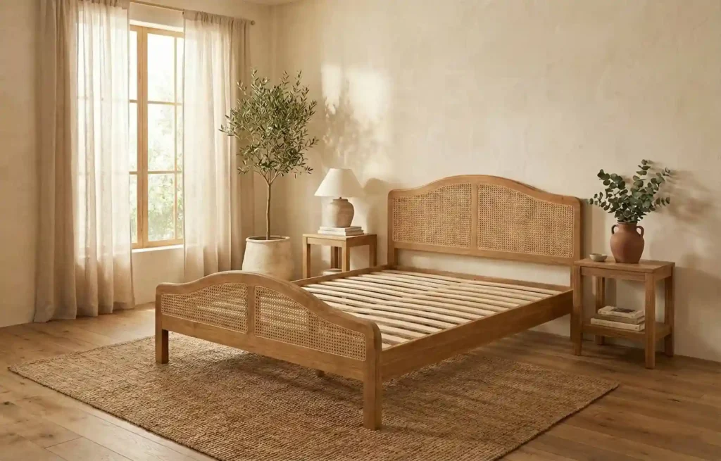 Elegant wooden single bed frame with woven headboard in a sunlit minimalist bedroom with neutral décor and indoor plants.