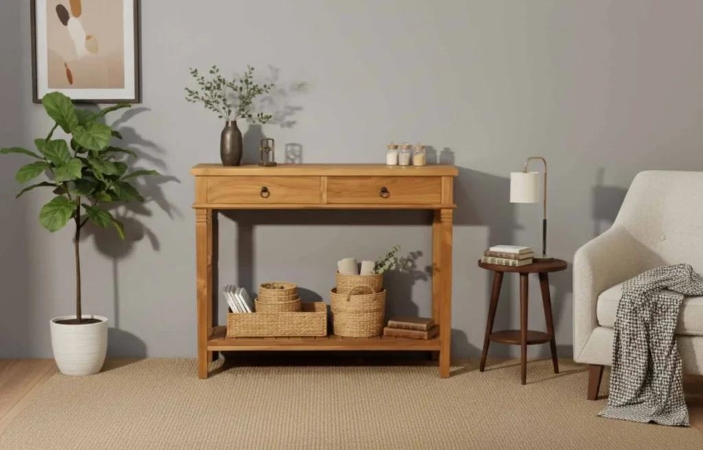 Teak console table styled in a neutral living space with baskets, plant décor, side lamp, and textured rug.