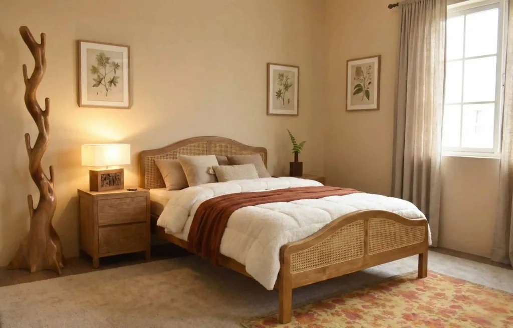 Stylish single bed frame in warm wood finish with layered bedding and bedside table in a cozy refined interior setting.