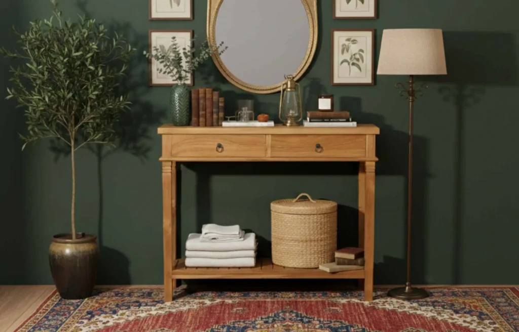 Teak console table styled against a green wall with round mirror, books, lamp, and woven storage basket.