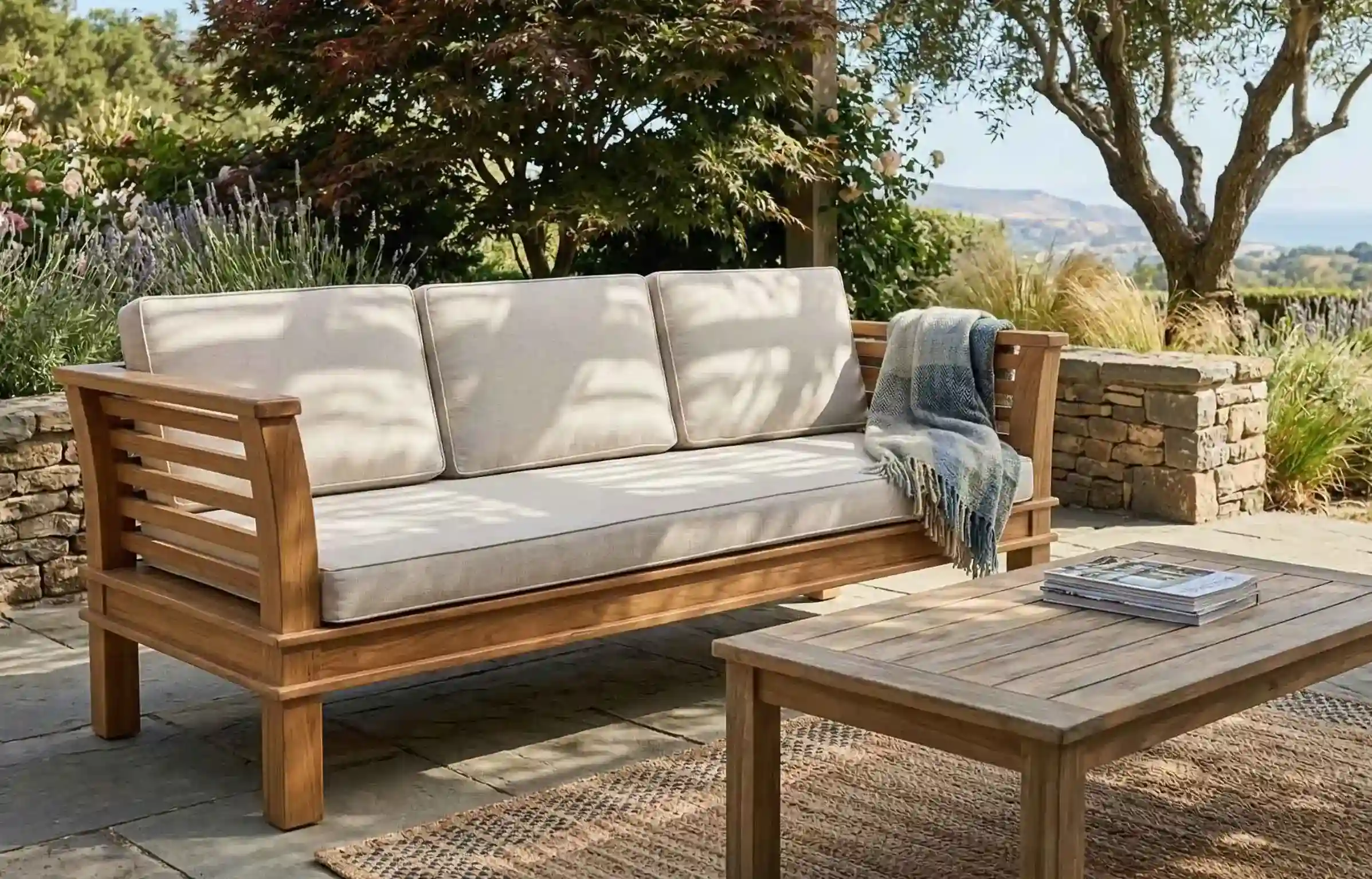 Teak outdoor lounge sofa and table set in garden — Teakia