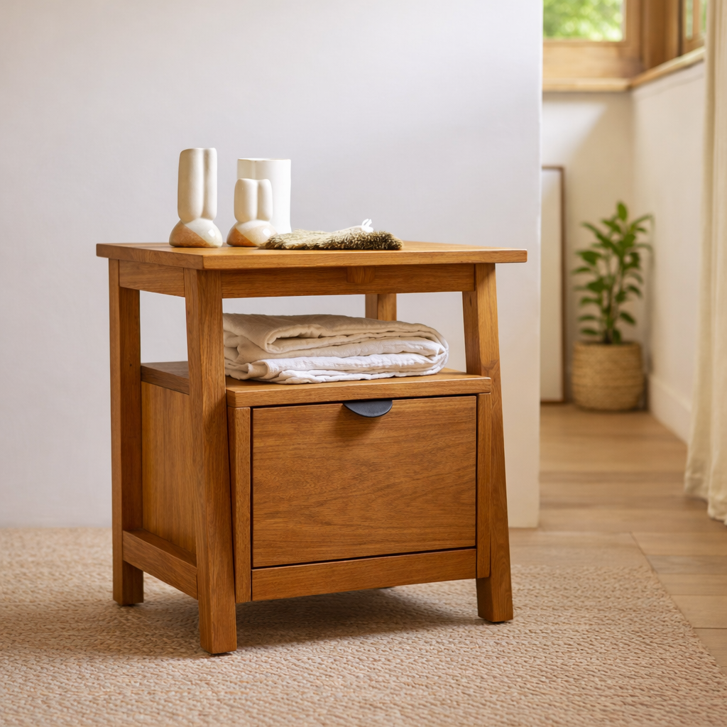 ELDON teak bedside table with open shelf and drawer