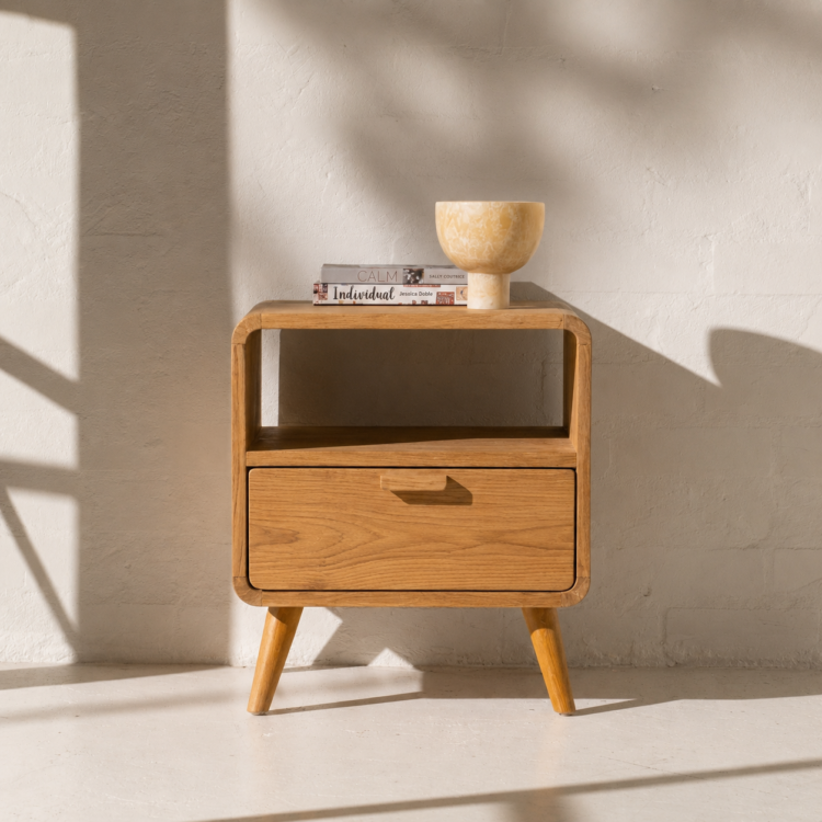 HALO small bedside table in solid teak with rounded corners