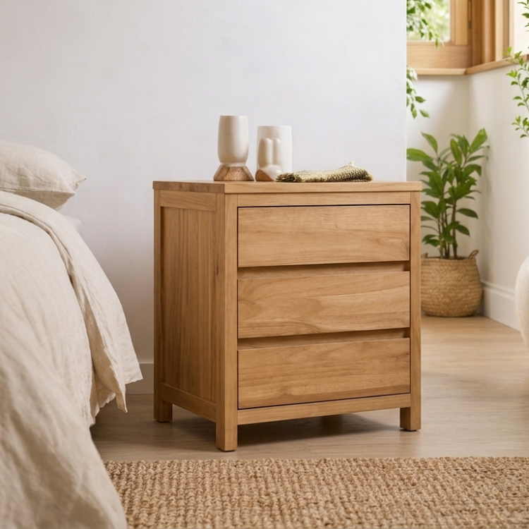 MASON solid teak bedside table cabinet with three drawers